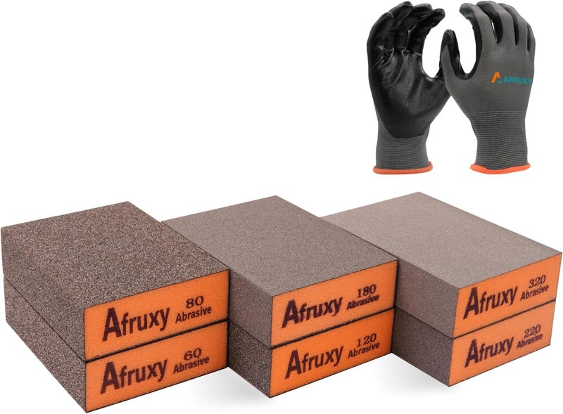Afruxy Professional-Grade Sanding Sponge 6-Pack with Gloves – 60/80/120/180/220/320 Grit Hand Sander, Durable Sandpaper Block for Drywall Sanding, Wood Sanding - Image 1